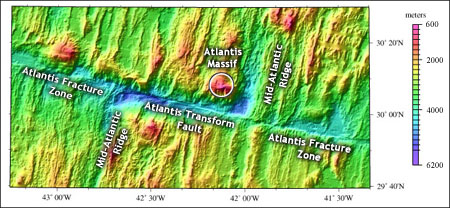 Topography of the area around the Atlantis Massif. Image plotted from data provided by Dr. Donna Blackman, Institute of Geophysics and Planetary Physics, Scripps Institution of Oceanography, UCSD.